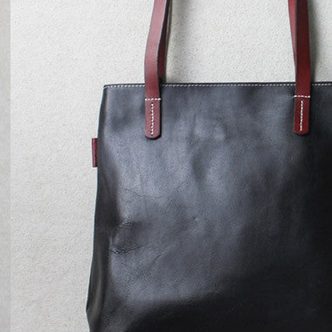 Handmade leather tote bag black yellow vintage shoulder bag shopper bag women
