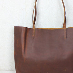 Handmade red brown leather tote bag vintage shoulder bag shopper bag women with inner