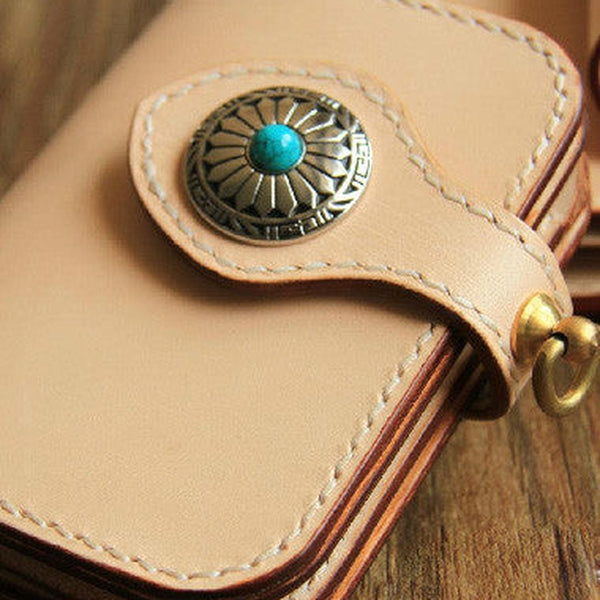 Handmade leather beige biker wallet chain bifold billfold wallet purse clutch for men