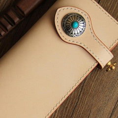 Handmade beige leather biker wallet chain bifold long wallet purse clutch for men