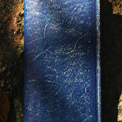 Handcraft vintage distress blue leather hand dyed long wallet for men/women