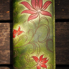 Handcraft vintage distress green floral leather hand dyed long wallet for women lady