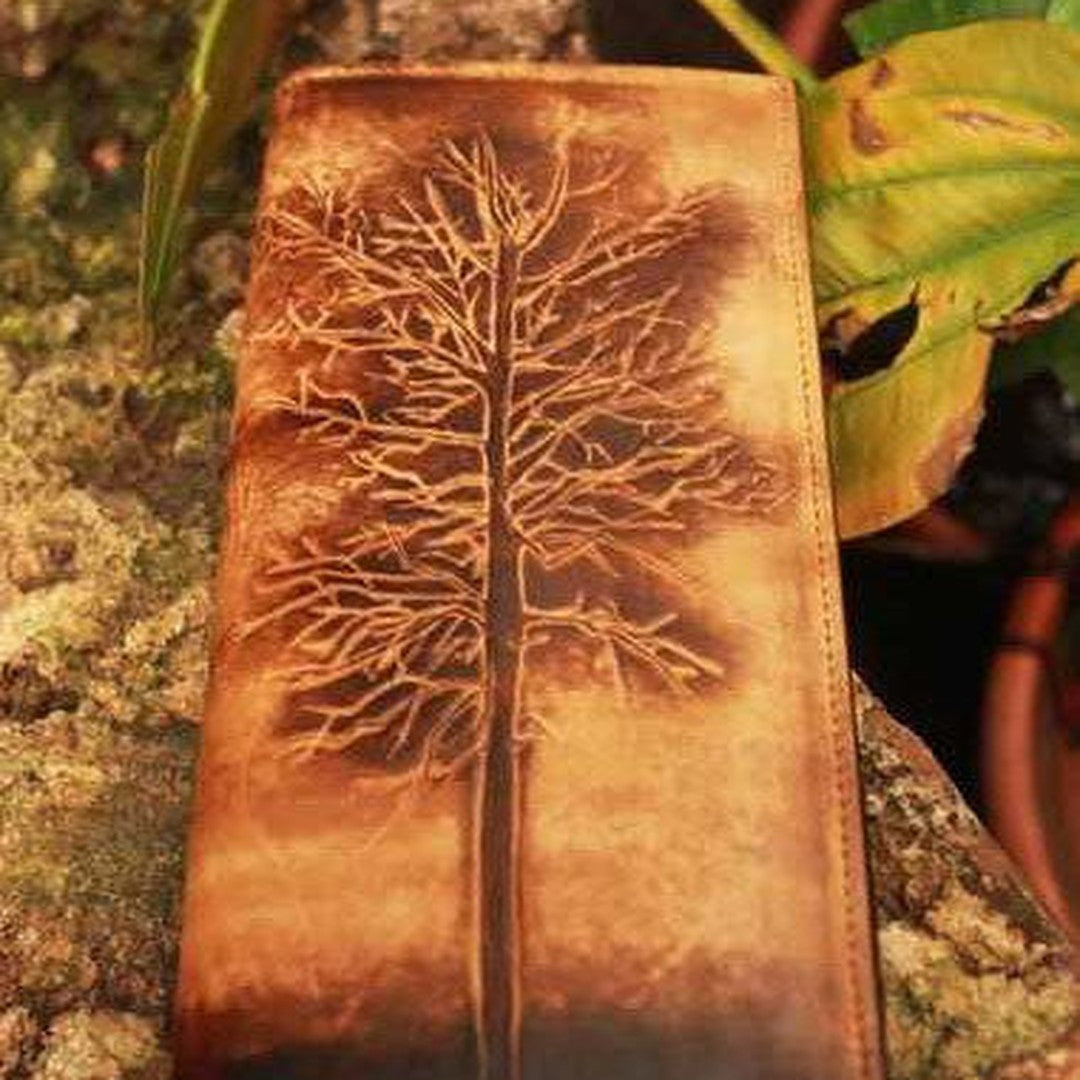 Handcraft vintage distress eagle feather leather hand dyed long wallet for men