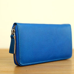 Handmade vintage blue zip leather clutch bag long wallet multi ID card holders for women