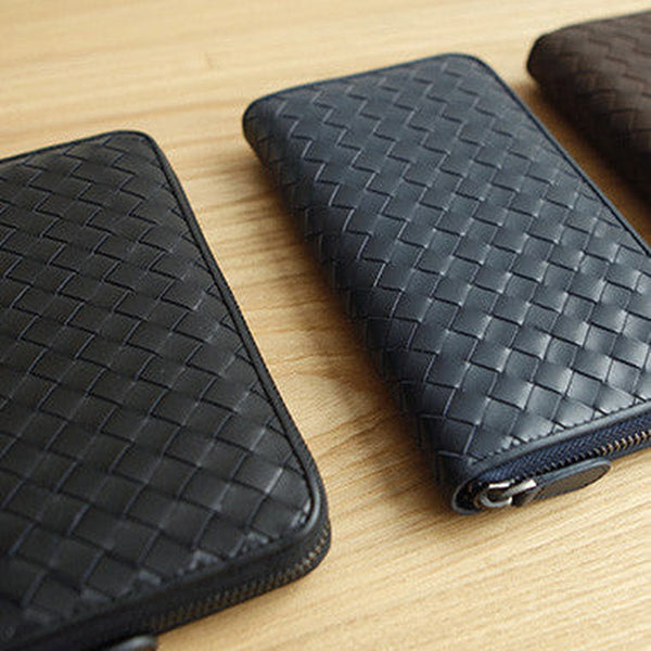 Handmade vintage knit zip leather clutch bag long wallet ID card holders slots for men