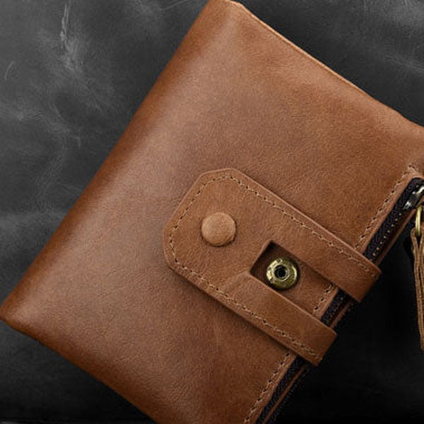 Genuine Leather Billfold Zip Wallet for Men – Slim Bifold with Snap Strap & Zip Pocket