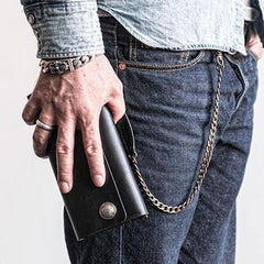 Cool Handmade leather biker chain wallets leather chain men Black long wallet