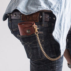Handmade leather biker trucker wallet leather chain men Brown long wallet