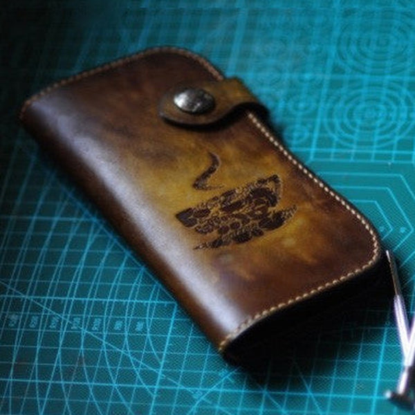Handmade biker wallet leather carved coffee tan motorcycle leather wallet for men