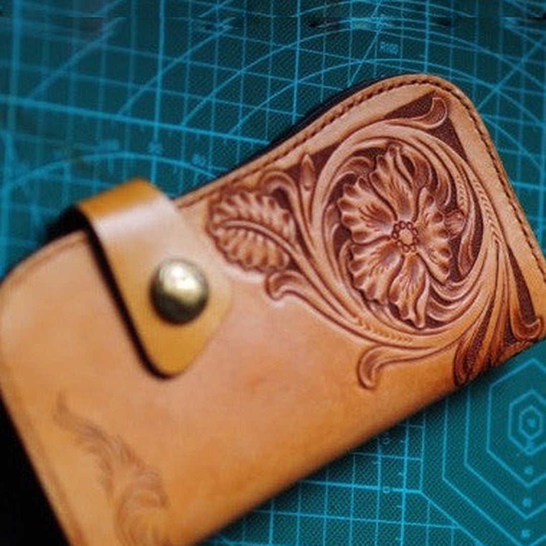 Handmade biker wallet leather carved floral brown motorcycle leather wallet for men