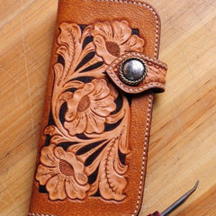 Handmade biker wallet leather carved floral brown motorcycle leather wallet for men