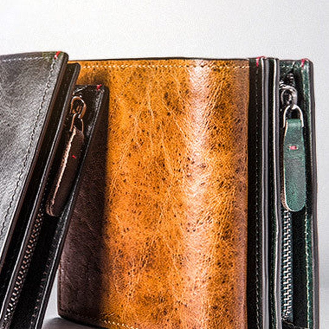 Handmade billfold wallet leather men zip multi cards vintage wallet for men