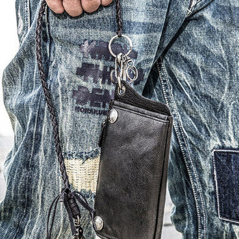 Leather biker trucker wallet leather chain men Black Red long wallet