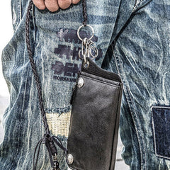 Leather biker trucker wallet leather chain men Black Red long wallet