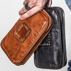 Vintage brown leather clutch wallet front with stitching detail