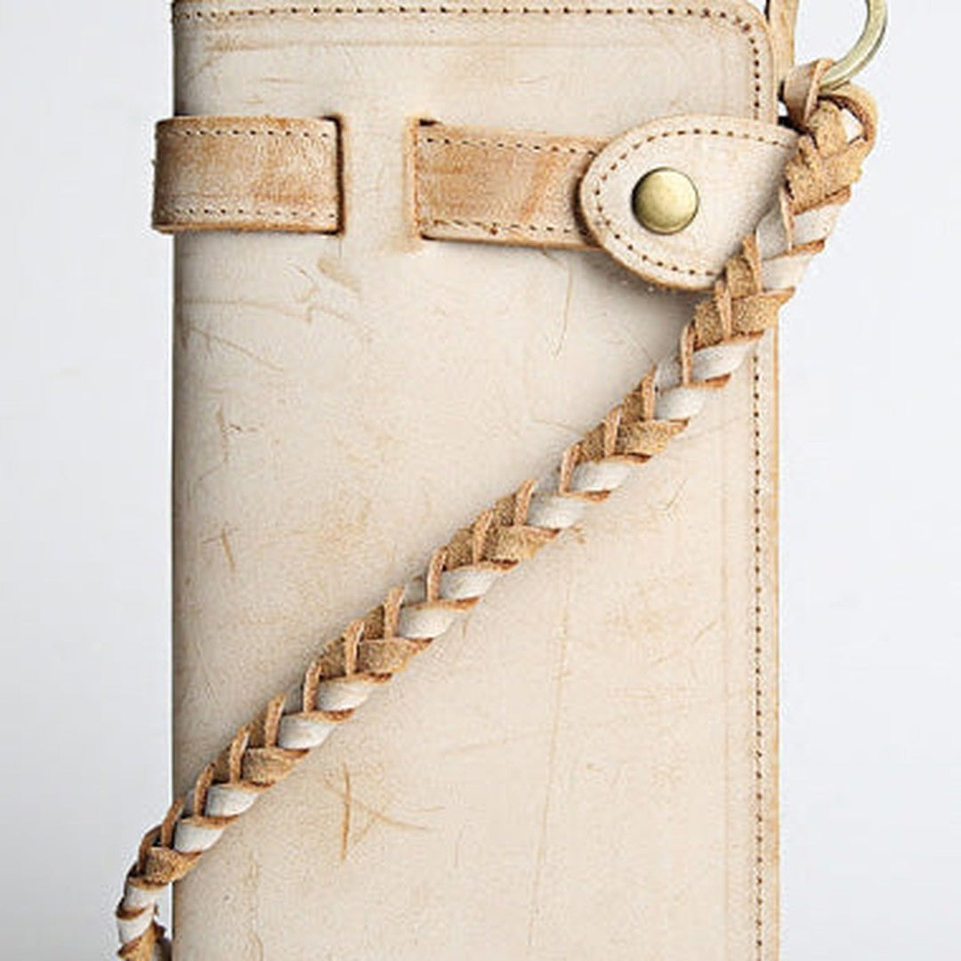 Handmade leather trucker wallet chain biker wallet long wallet beige leather men