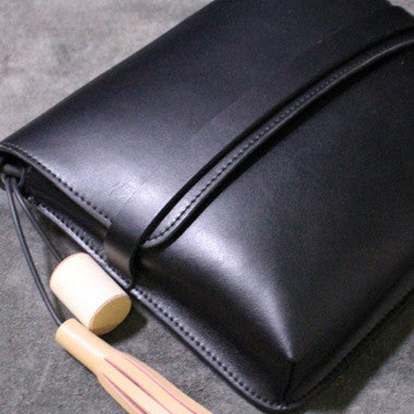 Handmade Leather shoulder bag black tassel for women leather crossbody bag
