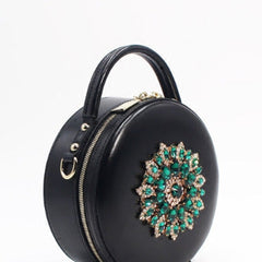 Genuine Leather Round Bag Handbag Purse Shoulder Bag Black for Women Leather Crossbody Bag
