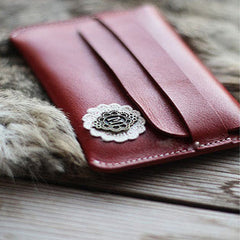 Handmade vintage sweet pretty red flower leather iphone case cover for women/lady girl