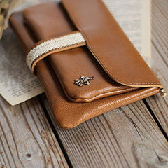 Handmade vintage rustic pretty brown lace leather long bifold wallet for women/lady girl