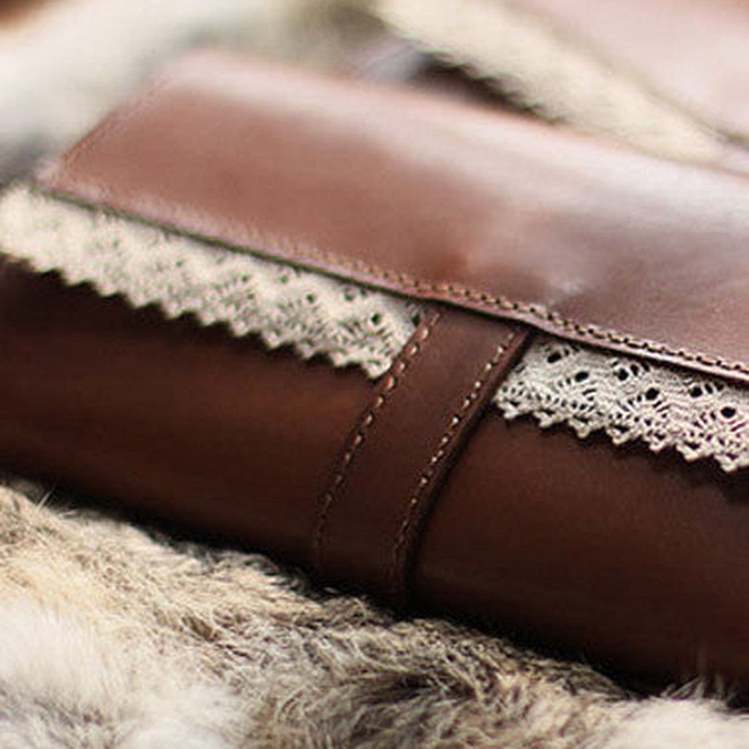Handmade vintage sweet cute coffee lace leather long bifold wallet for women/lady