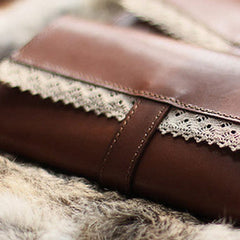 Handmade vintage sweet cute coffee lace leather long bifold wallet for women/lady