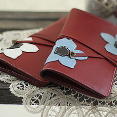 Handmade red vintage sweet cute flower leather long bifold wallet for women/lady