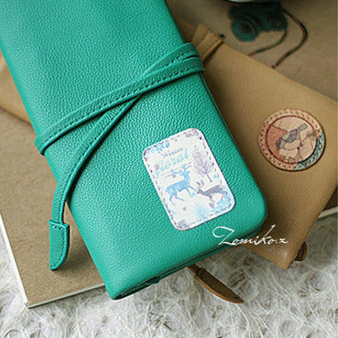 Handmade vintage sweet green stamp tie leather long bifold wallet for women/lady
