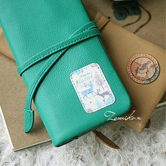 Handmade vintage sweet green stamp tie leather long bifold wallet for women/lady