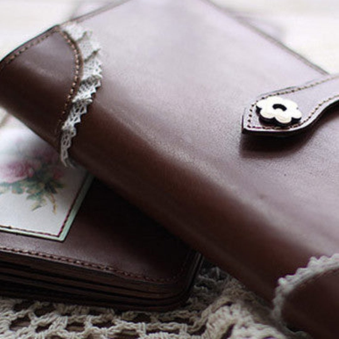 Handmade vintage coffee sweet cute leather long bifold wallet for women/lady