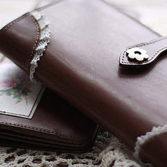 Handmade vintage coffee sweet cute leather long bifold wallet for women/lady