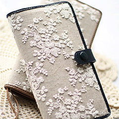 Handmade vintage rustic sweet lace leather long bifold wallet for women/lady girl