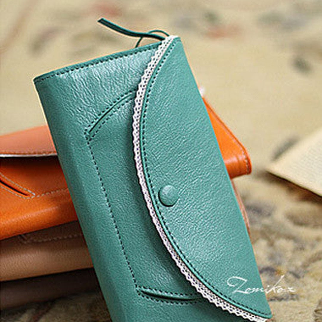 Handmade vintage sweet cute lace leather long bifold wallet for women/lady