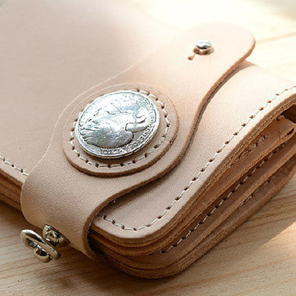 Handmade leather beige billfold biker wallet chain billfold wallet purse clutch for men