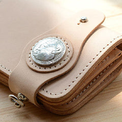 Handmade leather beige billfold biker wallet chain billfold wallet purse clutch for men