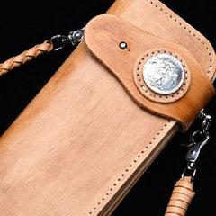 Handmade vintage tan men biker wallet chain leather Long wallet purse clutch for men