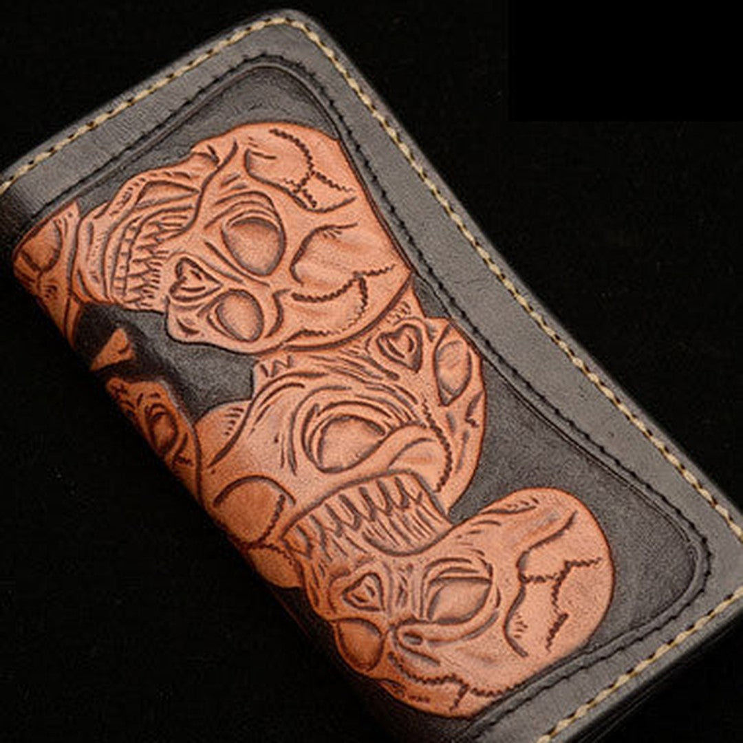 Handmade black brown leather skull carved biker wallet Long wallet clutch for men