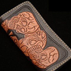 Handmade black brown leather skull carved biker wallet Long wallet clutch for men