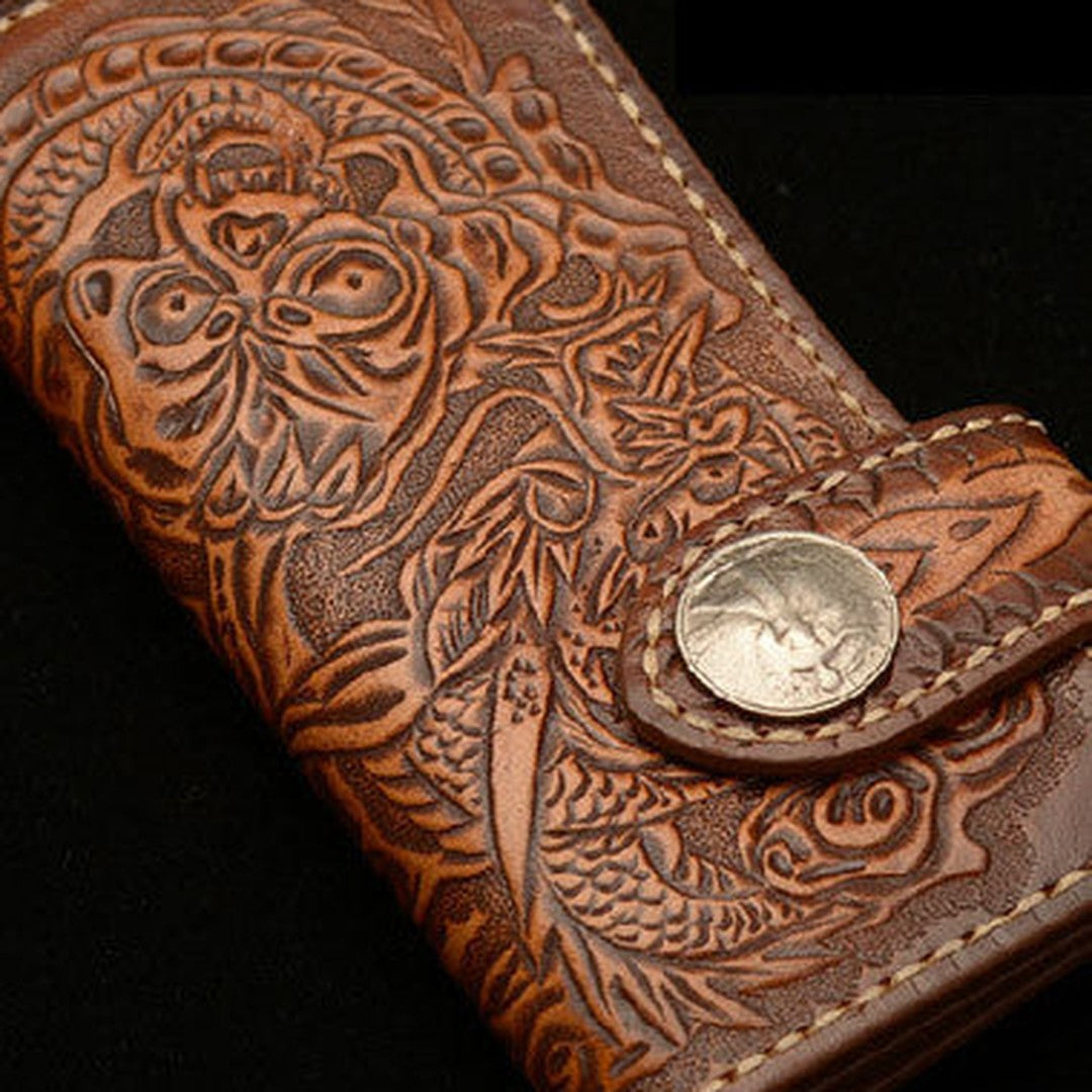 Handmade coffee leather Skull dragon carved biker wallet bifold Long wallet for men