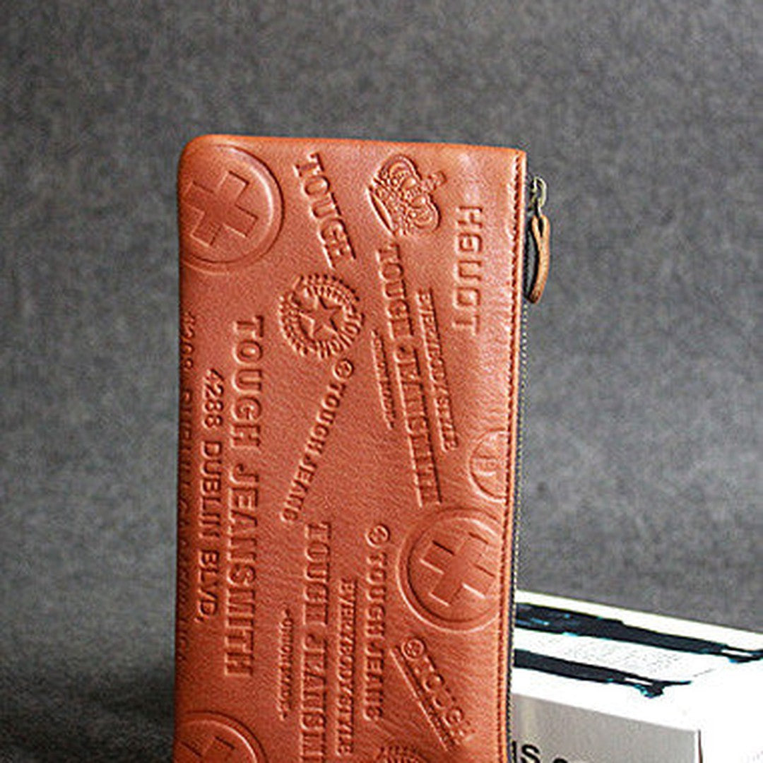 Handmade leather men wallet clutch brown vintage zip men long wallet purse clutch