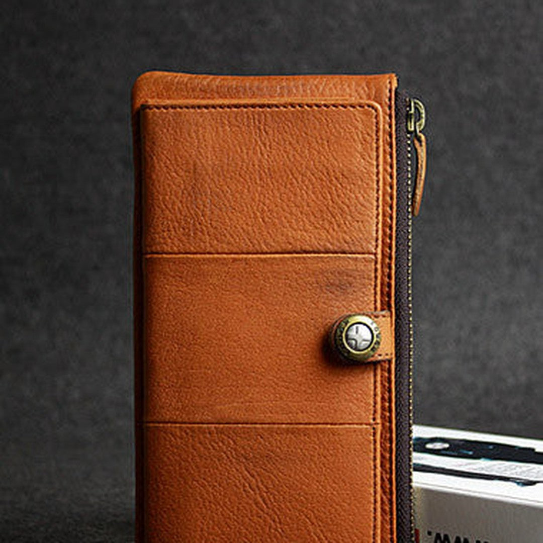 Leather men clutch brown vintage zip clutch men phone long wallet purse clutch