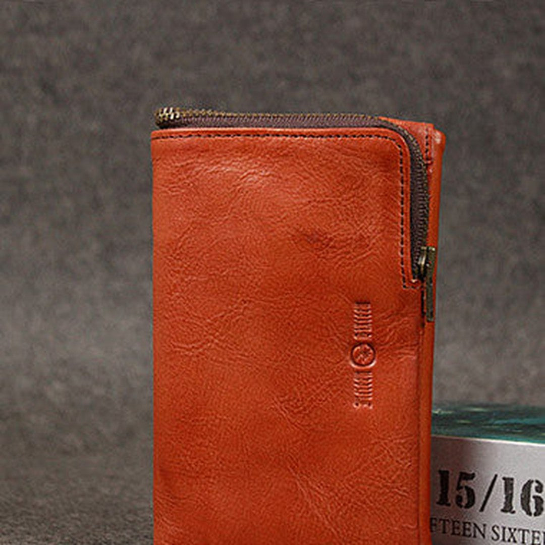 Leather men trifold long wallet clutch brown vintage zip clutch men long wallet purse