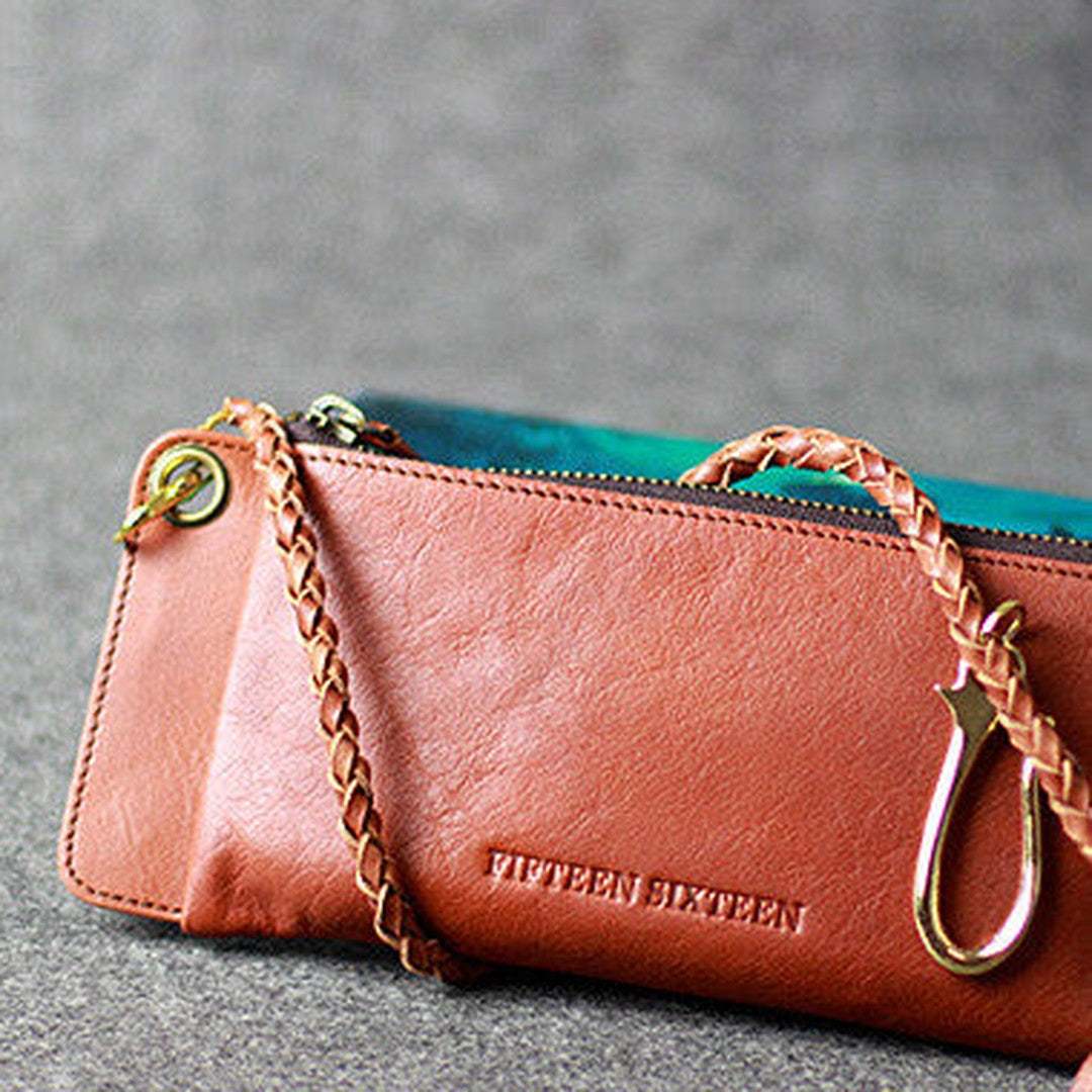 Leather men long wallet chain clutch brown vintage zip clutch men purse clutch