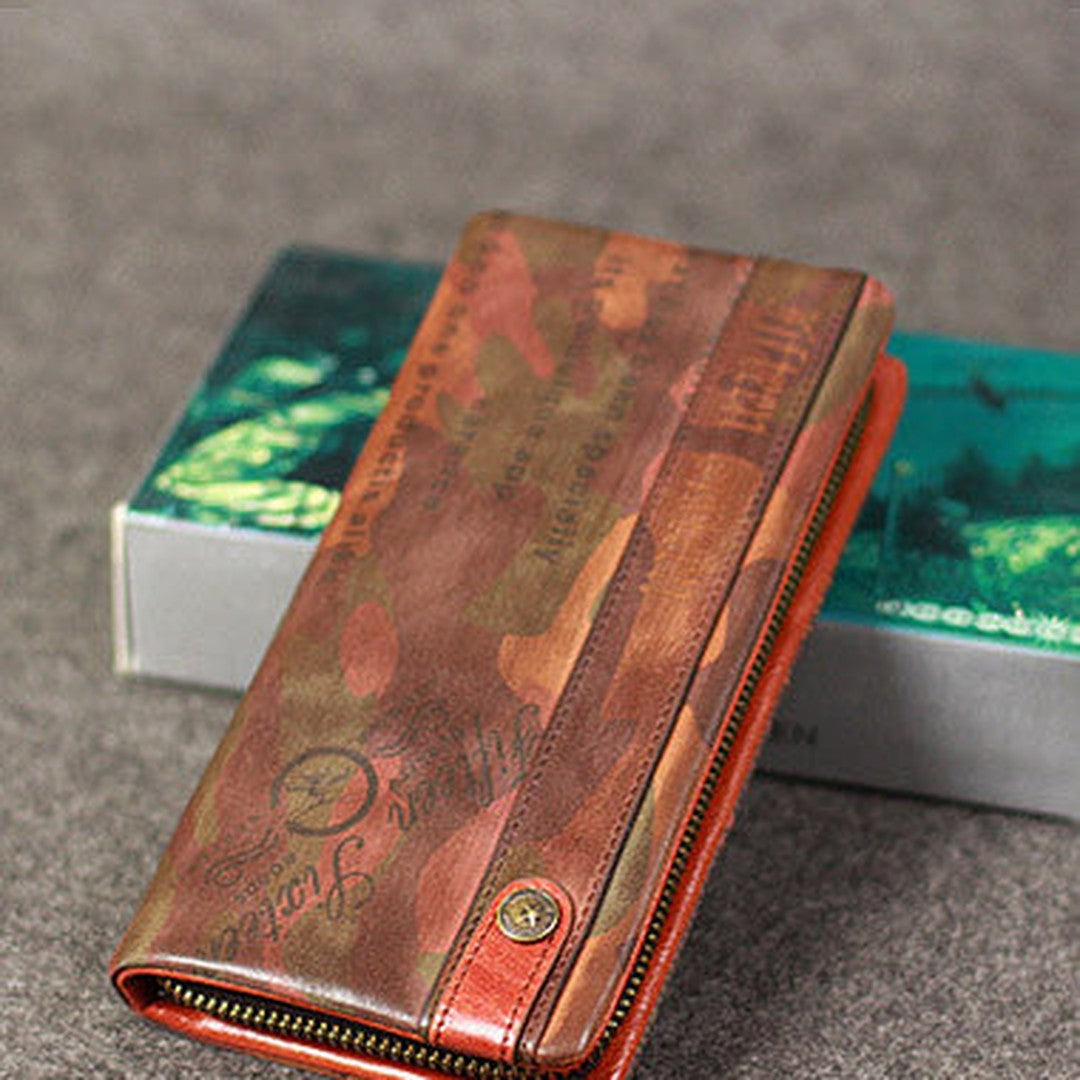Leather camouflage men zip long wallet clutch vintage clutch long wallet purse