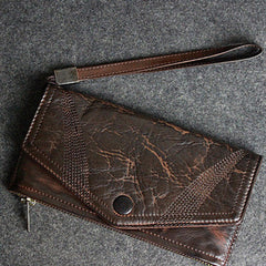 Handmade leather men long wallet clutch black coffee vintage zip clutch men purse
