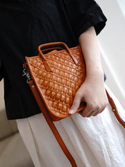 Vintage Coffee Leather Braided Vertical Handbag Women Crossbody Vertical Tote Purse for Women