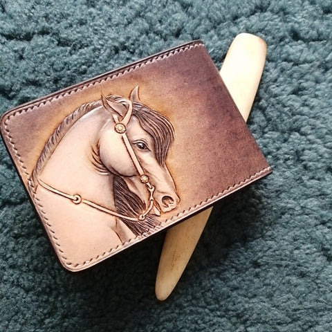 Horse Tooled Leather Wallet Billfold Card Wallet with ID Window 