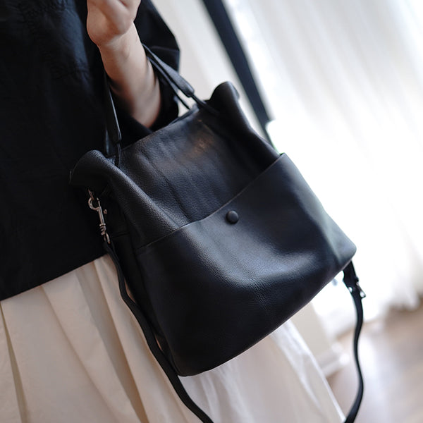 Cute Black Leather Bucket Tote Shoulder Bag - Overall View
