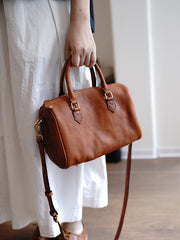 Coffee Leather Boston Handbag Trendy Women Boston Crossbody Purse for Women