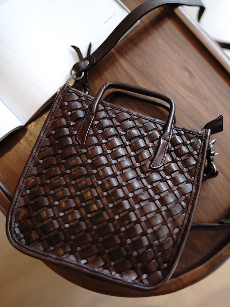Vintage Coffee Leather Braided Vertical Handbag Women Crossbody Vertic